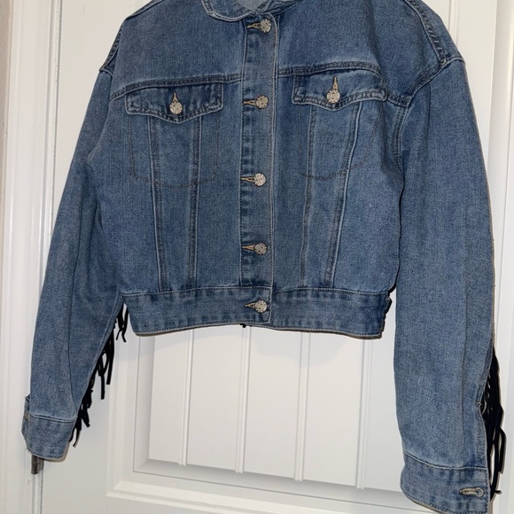 SHEIN Jean Jacket Blue and Black with Fringe and Animal Print - Picture 9 of 13